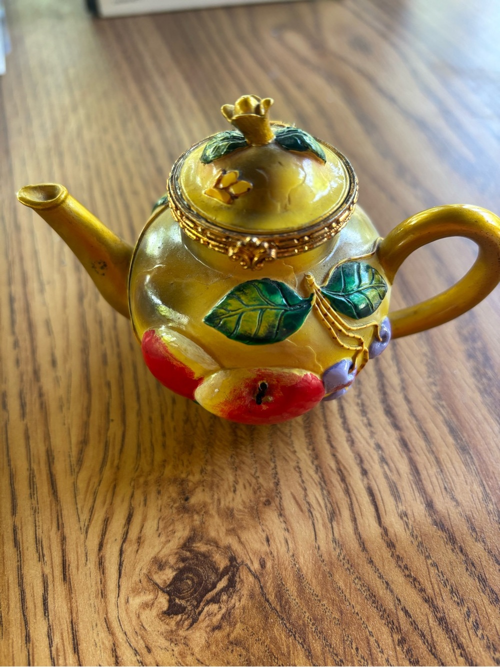 Royal Worcester Yellow Enamel Teapot Trinket Box with Red Fruit Accents